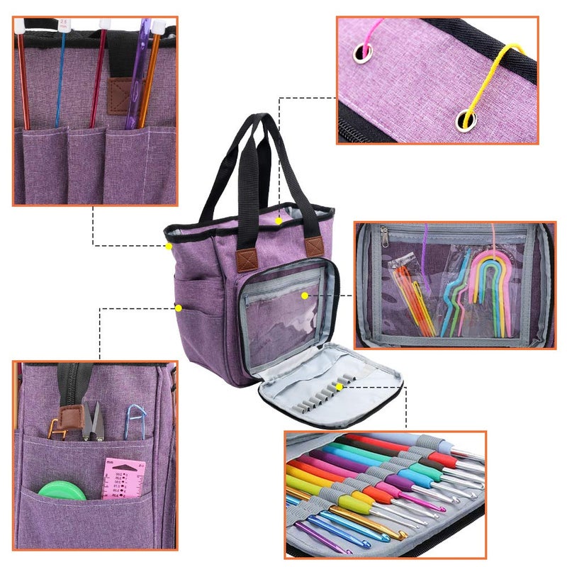 SumDirect Yarn Bag, Knitting Organizer Tote Bag Portable Storage Bag for Yarns, Carrying Projects, Knitting Needles, Crochet Hooks, Manuals and Other Accessories (Purple) - Image 4